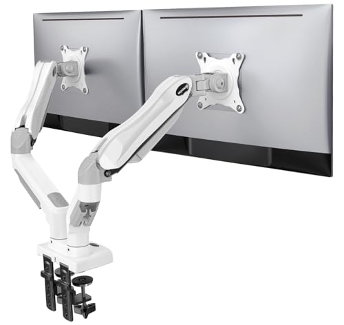 HUANUO Dual Monitor Stand - Full Adjustable Monitor Desk Mount Swivel Vesa Bracket with C Clamp, Grommet Mounting Base for 13 to 30 Inch Computer Screens - Each Arm Holds 4.4 to 19.8lbs - Whtie