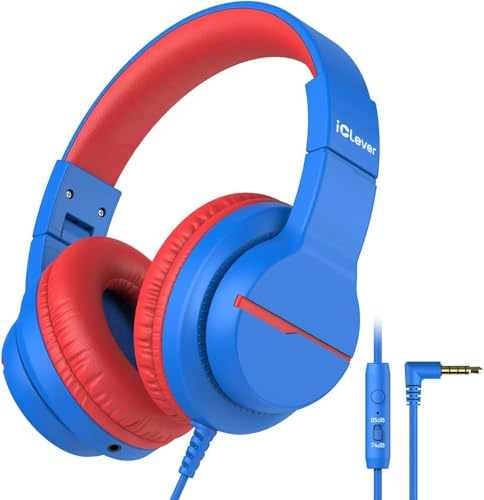 iClever Kids Headphones for School Travel, Safe Volume 85/94dB, HD Mic Stereo Sound Over-Ear Girls Boys Headphones for Kid, FunShare Foldable 3.5mm Wired Kids Headphones for iPad Computer, HS19