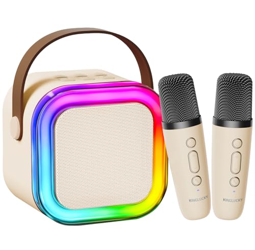 Kinglucky TOP Karaoke Machine for Kids Adults, Portable Bluetooth Mini Karaoke Machine Singing Speaker with 2 Mic & Light, Toys for All Phones, Birthday Gift for Girls Ages 3-12 Home Party (Beige)