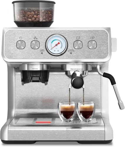 Kismile Espresso Machines with grinder, 20 Bar Professional Espresso Maker with Milk Frother Steam Wand & Removable Water Tank for Latte and Cappuccino, Espresso Coffee Maker for Home(Stainless Steel)