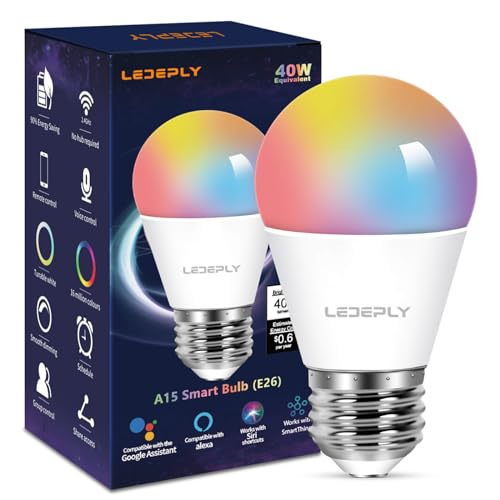 LEDEPLY 5W=40W, A15 Smart Bulb, Compatible with Alexa, Google Home, E26, Color Changing, Dimmable LED WiFi Light Bulbs, No Hub Required, 1 Pack