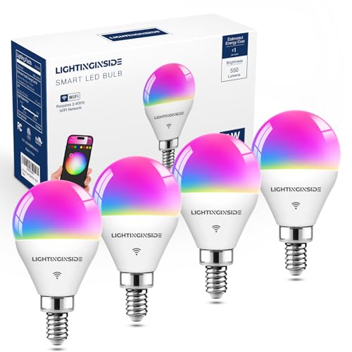 Lightinginside E12 Smart Light Bulbs 50W Equivalent, WiFi G16 1/2 RGBCW Candelabra Ceiling Fan Smart Bulb Compatible with Alexa/Google Assistant/Smart Life, 5W 550LM, 2.4G WiFi Only, ETL Listed, 4PCS