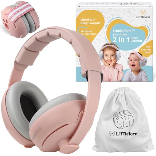 LittleTora The 'CuddleEars' 2 in 1 Baby Ear Muff - Noise Canceling Infant Toddler Headphone Hearing Protection Earmuff for Plane (Pink)