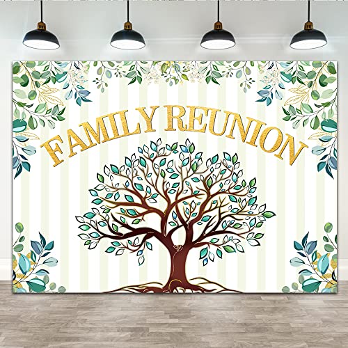 Lofaris 7x5ft Family Reunion Backdrop Family Tree Eucalyptus Leaves Welcome to Our Family Members Photography Background Gathering Gold and Green Party Decorations Supplies Photo Banner Booth Props