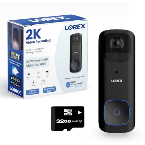 Lorex 2K Wireless WiFi Smart Video Doorbell Camera 32 GB w/No Subscription Fee - Night Vision, Motion Detection, Battery Powered (Black)
