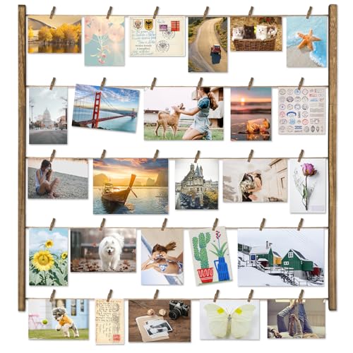 Love-KANKEI Wood Picture Photo Frame for Wall Decor 26×29 inch with 30 Clips and Adjustable Twines Collage Artworks Prints Multi Pictures Organizer and Hanging Display Frames Gift Carbonized Black