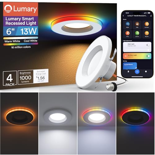 Lumary Smart Retrofit Led Recessed Lighting 6 Inch, Dual Controlled - RGBAI Ring & CCT Main, 66 Scene Modes, Can Lights for Ceiling with Night Light, Works with Alexa Google Assistant, 1000lm, 4 Pack