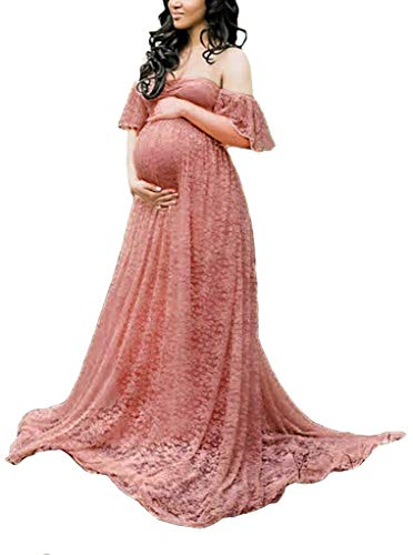 Maternity Photography Props Floral Lace Dress Fancy Pregnancy Gown for Baby Shower Photo Shoot (L, Pink Carnation)