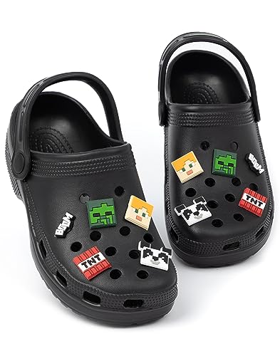 Minecraft Boys Classic Clogs | Black Ventilated Sliders with Supportive Strap | Game Creeper TNT Weapons Charms Sliders