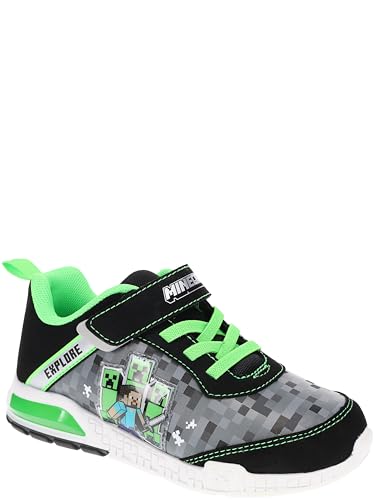Minecraft Shoes for Boys, Light-Up Sneakers with Adjustable Strap, Green/Black, Size 11 Little Kid