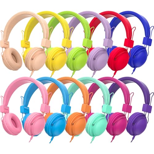 MIXCU 12-Pack Kids Headphones for School Bulk Wired Pack, for Kindergarten Elementary, Colorful Classroom Headsets with Microphone, 85dB Volume Limited, 3.5mm Jack, Sharing, Foldable