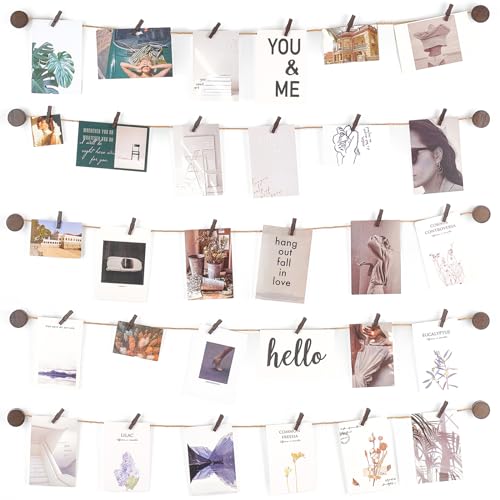 Mkono Hanging Photo Display Pictures Wall Decor 5 Jute Strings with 30 Clips Multi Pictures Cards Holder Teen Girl Room Wall Art for Bedroom, Nursery, Dorm Room, Birthday Christmas Gift