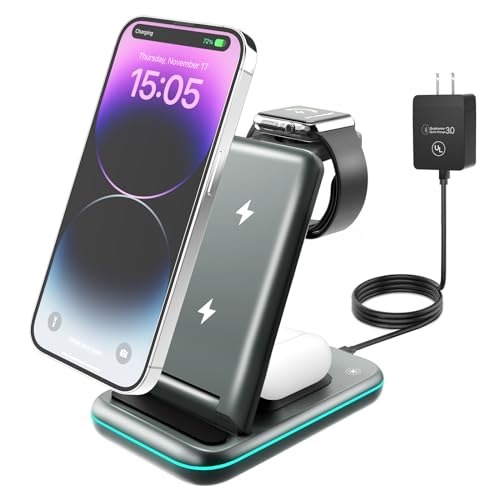 MSTJRY Wireless Charging Station, 3 in 1 Wireless Fast Charger Stand Designed for iPhone15/14/13/12/11/Pro/Max/XS/XR/X/8/Plus, for Apple Watch Ultra 8/7/6/5/4/3/2/SE, for AirPods 3/2/Pro - GunGray