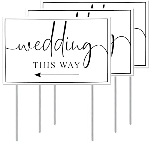 Nerjan Wedding Direction Arrow Signs 3-Pack - Double-Sided Printed This Way Signs with Stakes for Wedding Ceremony and Reception - 17” x 12” Inch