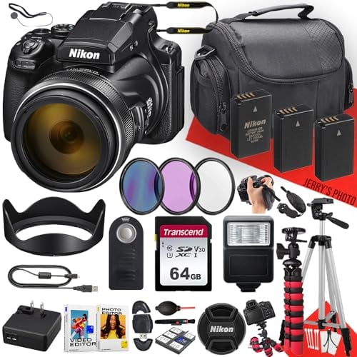 Nikon COOLPIX P1000 Digital Camera with NIKKOR 24-3000mm Lens + 64GB Memory + 2PC Extra Battery + Remote Control + Filters + Slave Flash + Tripod + More (29pc Bundle)
