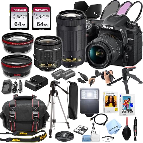 Nikon D7500 DSLR Camera Kit with 18-55mm VR & 70-300mm Lenses + 128GB Memory, Spare Battery, Filters,Case, Tripod, Flash, and More (44pc Bundle)