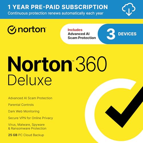 Norton 360 Deluxe 2024, Antivirus software for 3 Devices with Auto Renewal - Includes VPN, PC Cloud Backup & Dark Web Monitoring [Download]
