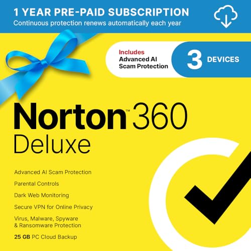 Norton 360 Deluxe 2024, Antivirus software for 3 Devices with Auto Renewal - Includes VPN, PC Cloud Backup & Dark Web Monitoring [Download]