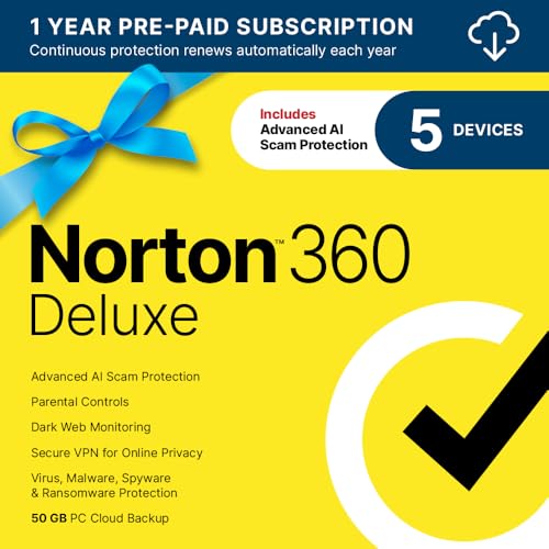 Norton 360 Deluxe 2024, Antivirus software for 5 Devices with Auto Renewal - Includes VPN, PC Cloud Backup & Dark Web Monitoring [Download]