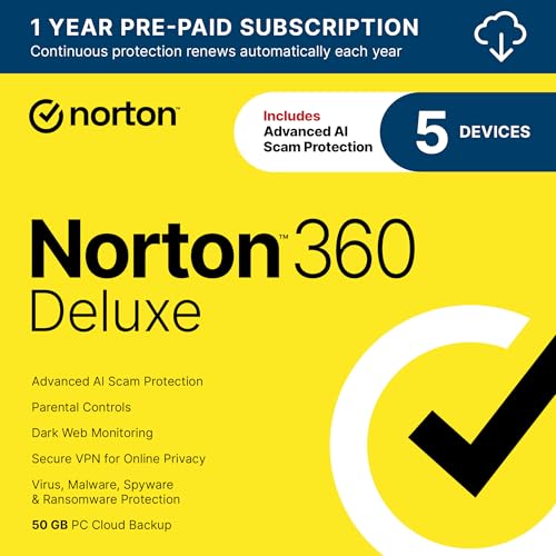 Norton 360 Deluxe 2024, Antivirus software for 5 Devices with Auto Renewal - Includes VPN, PC Cloud Backup & Dark Web Monitoring [Download]