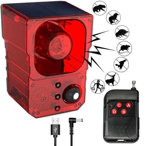 Paipaimeiren Solar Motion Sensor Alarm Outdoor - Dog Barking, Gunshot & Siren Sounds for Outdoor & Indoor. 130db Loud Noise Maker. Strobe Light. Say Goodbye to Intruders