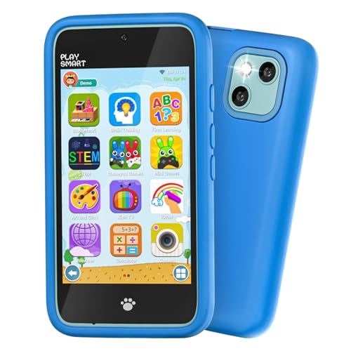 PAMOX Kids Toy Phones with Dual Camera, Learning Toys Phones Gifts for Kid 3-12 with 200+ Educational Puzzle Games, 4" Touchscreen Rechargeable Blue Child Smartphones with Parental Control