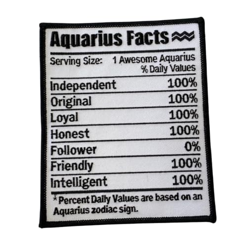 Patch Party Club Zodiac "Aquarius" Black & White Nutritional Facts Patch, Iron-on Embroidered Patch, Astrological Patch, Patches for Clothes, Size 5