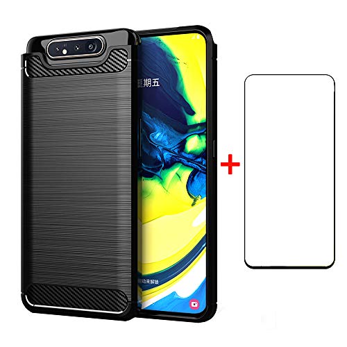 Phone Case for Samsung Galaxy A80 with Tempered Glass Screen Protector Cover and Cell Accessories Slim Thin Rugged Silicone Bumper Glaxay A 80 90 GalaxyA80 Gaxaly A90 2020 Cases Women Men Navy Black
