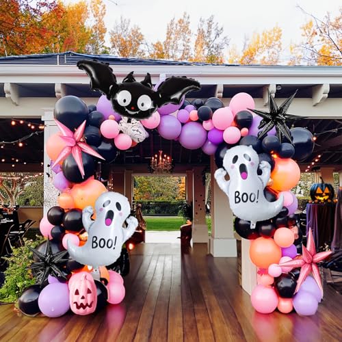 Pink purple black Halloween Balloon Garland Arch Kit 122Pcs with Cute Bat Ghost mylar foil Balloons for Girls Two spooky Halloween Birthday Baby Shower Party Decorations Horror BOO Day Party Supplies
