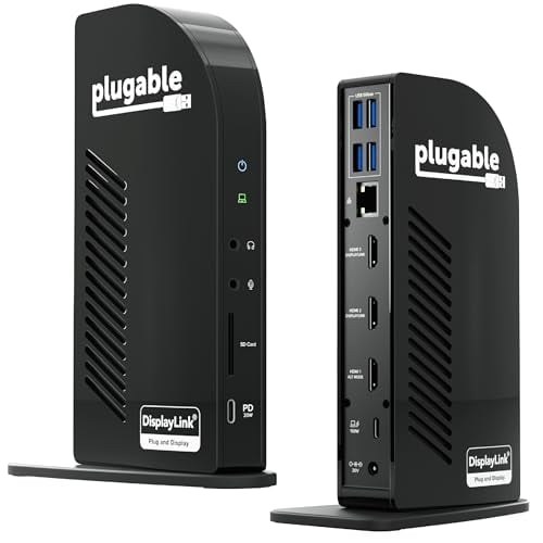 Plugable 13-in-1 USB-C Triple Monitor Docking Station with 100W Charging, Compatible with Windows, Mac, and Chrome with Thunderbolt or USB-C (3X HDMI, 1x USB-C, 4X USB, Ethernet, SD Card Reader)