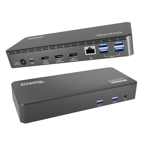 Plugable USB C Triple Display Docking Station with Laptop Charging, for Thunderbolt, USB4, or USB C Systems, Compatible with Windows, macOS, ChromeOS laptops (3X HDMI, 6X USB 5Gbps Ports, 60W USB PD)