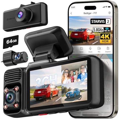 REDTIGER 4K 3 Channel Dash Cam 5G WiFi Built-in GPS with 64GB Card, 2160P+1080P+1080P Front and Rear Inside Loop Recording, Triple Car Camera with 3 Inch Screen, IR Night Vision, WDR, Parking Mode