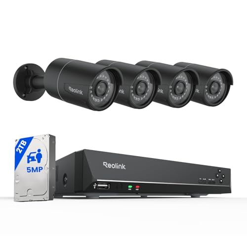 REOLINK 8CH 5MP PoE Security Camera System, 4pcs 5MP Wired PoE IP Cameras Outdoor with Person Vehicle Detection, 4K 8CH NVR with 2TB HDD for 24-7 Recording, RLK8-410B4-5MP Black