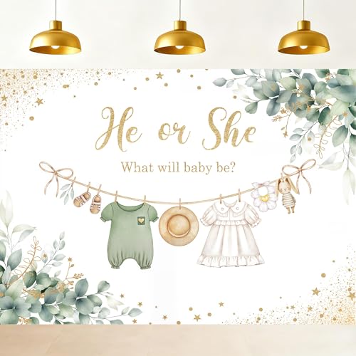 Riyidecor Green Gender Reveal Backdrop Polyester Fabric He or She What Will Baby Be 7Wx5H Feet Boho Sage Eucalyptus Watercolor Leaves Gold Dots Photography Background Baby Shower Photo Studio Shoot