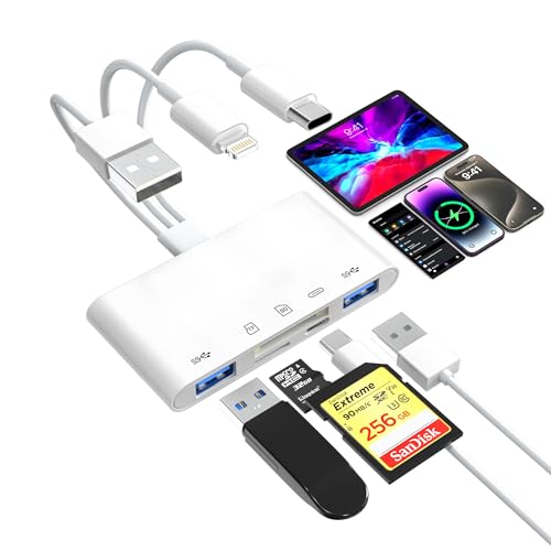 SD Card Reader for iPhone, USB C Lightning USB A Connector to SD/TF Card Reader & USB OTG Adapter for iPhone/iPad/PC/Android/Camera/USB C & A Devices, Supports SD/Micro SD/SDHC/SDXC/MMC Plug and Play