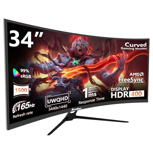 Sealan 34 inch Ultrawide Curved Computer Gaming Monitor 4k 165Hz UWQHD 3440x1440,1500R -PIP,1ms (MPRT),HDR, 300nits, sRGB99%,FreeSync,HDMI2.1(TMDS) x2,DP1.4 x2,Eye Care,Support Wallmount 75x75mm