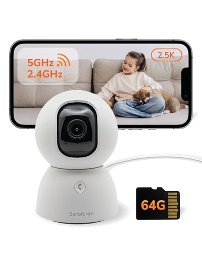 SensForge 2.5K Indoor Pan-Tilt Security Camera, 360° Dual-Band 2.4/5GB Wi-Fi Camera for Home, Free AI Human & Pet Detection, 64GB SD Card Included, Two-Way Talk, No Subscription Required(1, White)