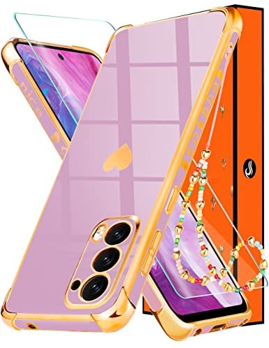 Shorogyt for Motorola Edge 5G UW Case (Also for Motorola Edge 2021 Cases), Women Girls Cute Aesthetic Love Hearts Pattern Purple Gold Luxury Design Phone Cover for Moto Edge 5G UW | 2021 6.8''
