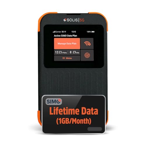 SIMO Solis 5G WiFi Mobile Hotspot for Travel, Local and International Coverage Router, Multi-Carrier Access, No Contract or SIM Card Required, 16 Connected Devices, 1GB/Month Lifetime Data
