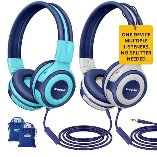 SIMOLIO Manyshare Series-2 Pack Kids Headphones for School w/Share Port, 75/85/94dB Volume Limit, Wired Headphones with Mic for Chromebook iPad, Foldable Headset for Airplane/School/Gaming Boys Girls