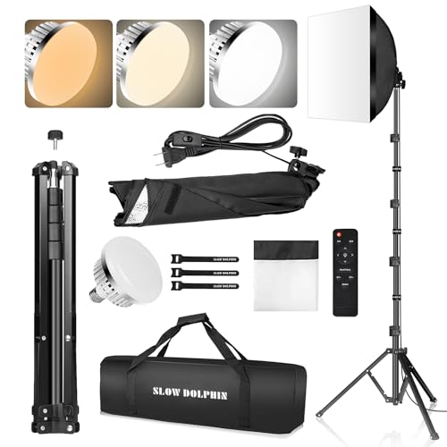 SLOW DOLPHIN Photography Studio Softbox Lighting Kit with 16"X16" Softbox and 3 Colors Temperature 85W LED Bulb with Remote,Professional Photo Studio Equipment for Portrait,Video YouTube (1PACK)