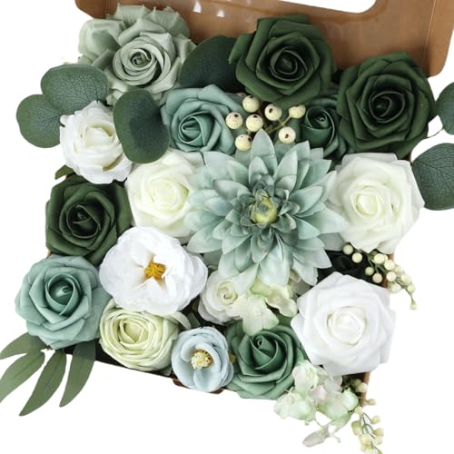 SNUGFX Green Artificial Flowers Combo Flowers Mix Silk Flowers Green Dahlia Roses with Stems for DIY Wedding Bridal Bouquets, Floral Arrangement, Baby Shower,Table Centerpieces, Home Decorations