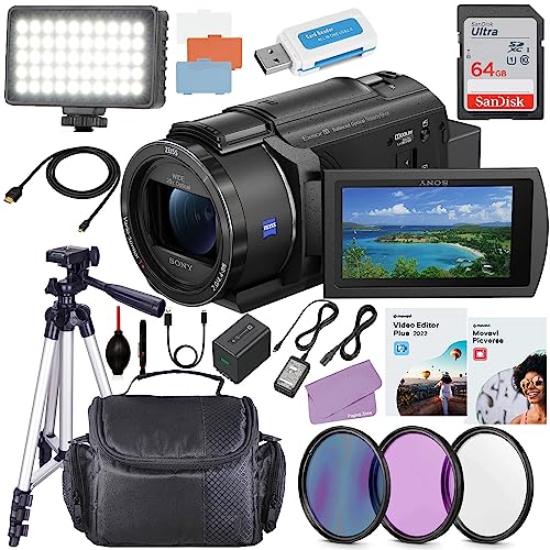 Sony FDR-AX43 UHD 4K Handycam Camcorder (FDR-AX43A/B) Bundle + Accessory Kit Including 64GB Memory, LED Video Light, Filter Kit, Shoulder Case, 5 in 2 Video & Photo Editing Software Package & More