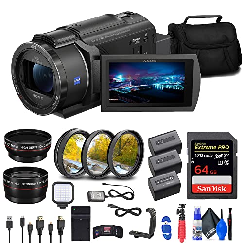 Sony FDR-AX43 UHD 4K Handycam Camcorder (FDRAX43/B) + 64GB Memory Card + 2 x NP-FV70 Battery + Filter Kit + Wide Angle Lens + Telephoto Lens + Bag + Charger + Card Reader + LED Light + More (Renewed)