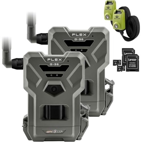 SPYPOINT Flex G-36 Twin Pack Cellular Trail Camera, 36MP Photos and 1080p Videos with Sound, GPS Enabled, Dual-Sim LTE Connectivity, 100' Flash & Detection Range + Two 32GB Micro SD Cards + Two Straps