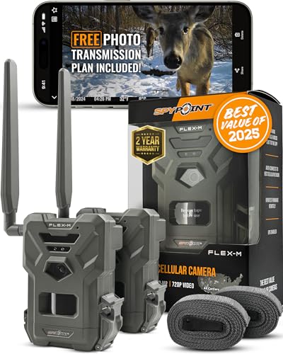 SPYPOINT Flex-M Twin Pack Cellular Trail Cameras - Best Value in Hunting Accessories, No WiFi Needed, GPS, Night Vision, Dual-Sim LTE, IP65 Water-Resistant, 28MP Photos, 720p Videos + Sound (2)