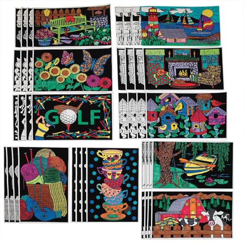 S&S Worldwide Velvet Art Landscape Posters, 5 each of 10 Designs, Designs Targeted to Adults, Men, Women, Fuzzy Posters, Color With Markers or Colored Pencils, 11" x 17" Cardstock, Pack of 50