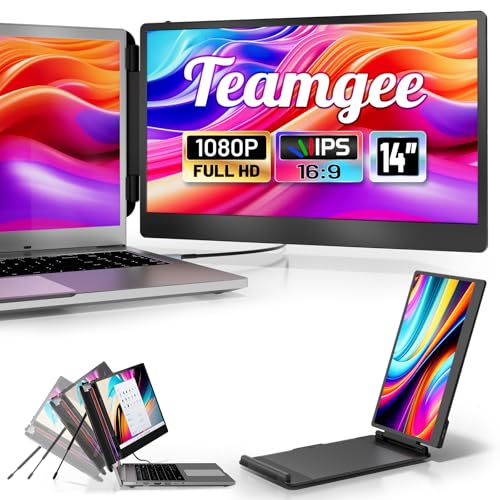 Teamgee Laptop Screen Extender, 14" FHD 1080P IPS Portable Monitor for Laptop, Built-in Stand/Speaker, Dual Screen Monitor for 13"-17" Laptops, Plug & Play Suitable for Mac, Wins, Android, Dex