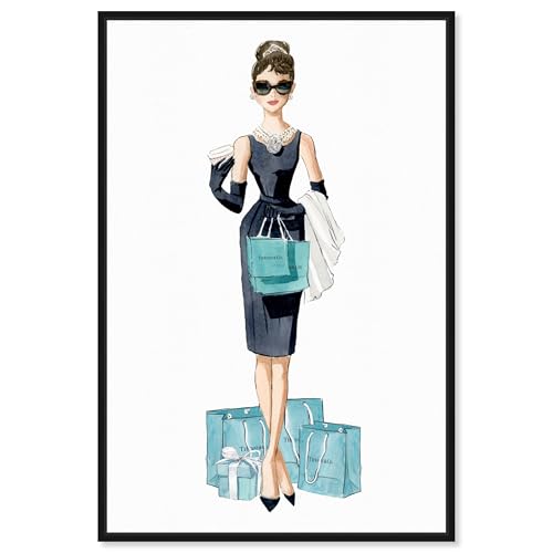 The Oliver Gal Artist Co. People and Portraits Framed Wall Art Canvas Prints 'Diamond Breakfast Shopping' Celebrities Home Décor, 10 in x 15 in, Blue, Black