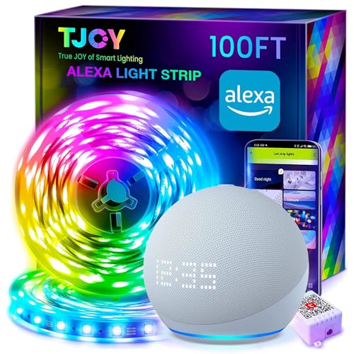 TJOY 100ft Smart Led Strip Lights for Bedroom, Work with Alexa, RGB Color Changing Music Sync Led Lights Strip with App Remote,Multi-Color Wireless Led Lights for Bedroom (APP+Remote+Voice)